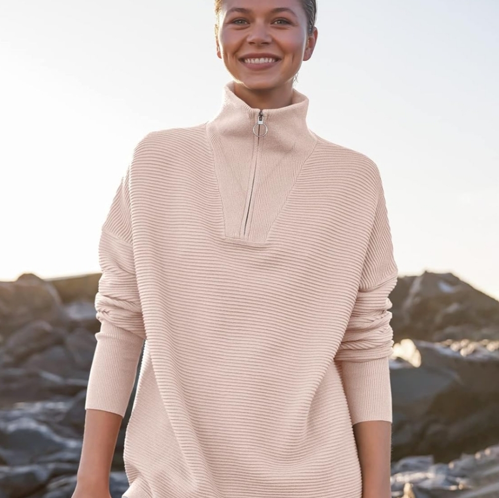 Quarter Zip Ribbed Pullover Top Beige Tan Large - Picture 2 of 13